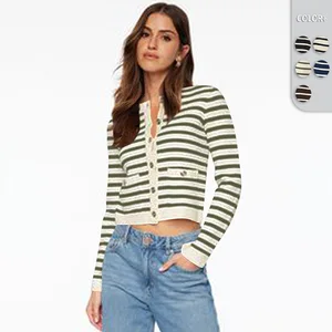 Y2K Style Ladies Short Jacket Comfortable Striped Knitted T-Shirt with Long Sleeves and Button up Top Winter Baby Tee