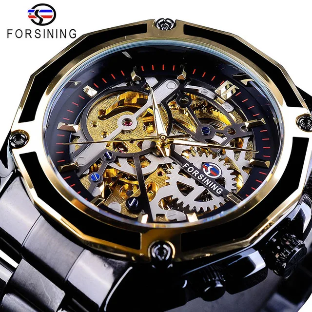 Forsining Men Mechanical Watch Luxury Steampunk Stainless Steel Skeleton  Waterproof Wristwatches Mens Automatic Watches Black
