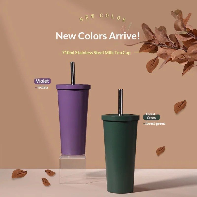 2026 New Stainless Steel Straw Cup 710ml Large Hole Cover Bubble Tea Cup Customized Large Capacity Vacuum Insulated Car Cup preview 2
