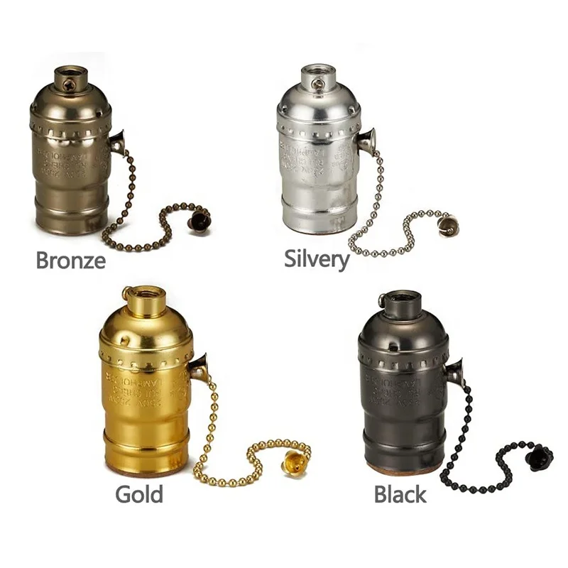 FTVOGUE E27 Vintage Pendant Light Holder With Pull Chain Switch – Ceiling Mount, Brass/Silver/Bronze/Black