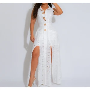 Custom High Quality Sleeveless White Women Dress Button Closure Cotton Embroidery Midi Dress Hot Sale Summer Beach Dress