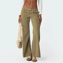 Low Rise Heavy Weight Washed Women's Jeans Green Pleats Cargo Pants Zipper Fly Double Buttons Closure Flare Jean