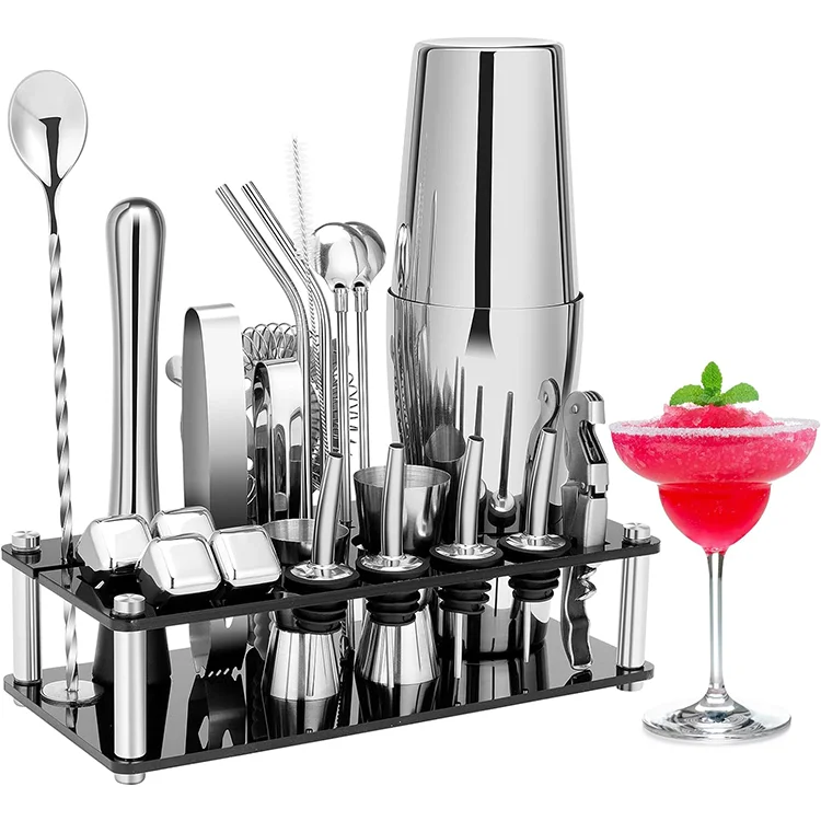 Price Is Real 23-Piece Boston Stainless Steel Reusable Cocktail Shaker Set Customized Color Engraving Options Acrylic Stand Bar