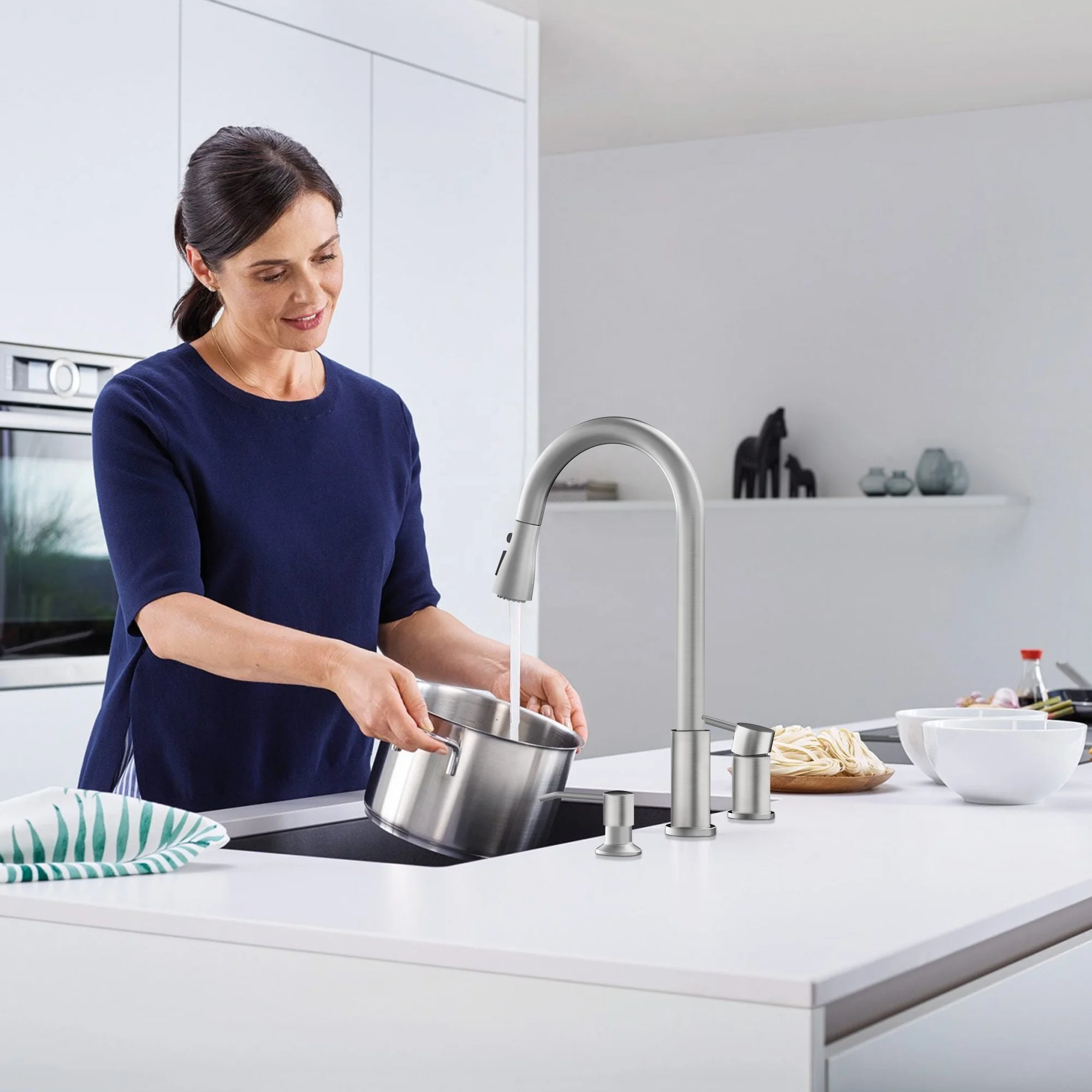 AOWE Waterfall Kitchen Sink Mixer Tap-Flexible Pull-Down Sprayer in Brushed Nickel Stainless Steel Deck Mounted for Hospital Use