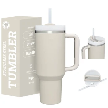 Customized Reusable Beer Tea Gift Double Wall Vacuum Stainless Steel 40oz Tumbler Cup with Handle Lid Straw