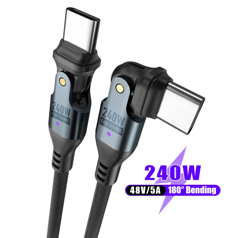 5A Fast Charging Cable Type-C 240W USB-C to Type C 180 Degree Double Bending Data Cable for Phones & Laptops