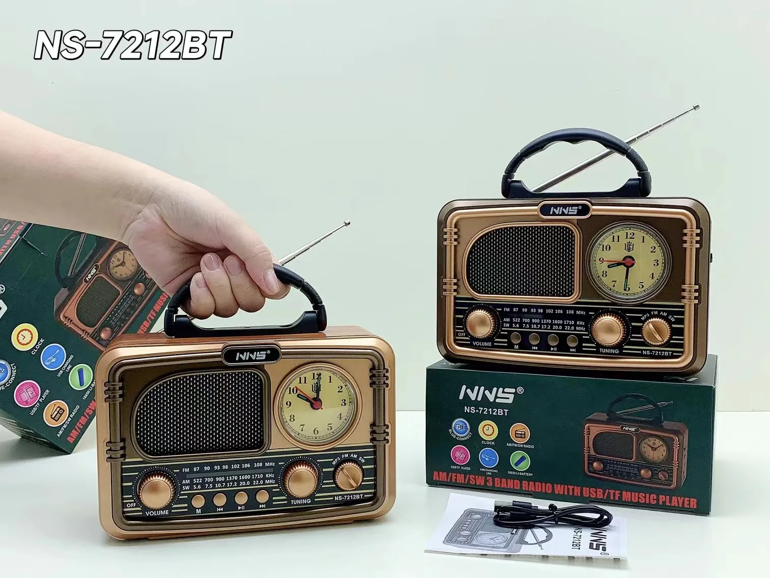 Retro Wireless Speaker - FM AM SW3 Bands Radio NS-7212BT
