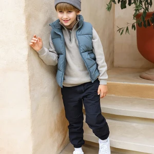 Windproof Polyester Padded Girls' Vest - Solid Color Sleeveless Zip-Up for 3-8 Years