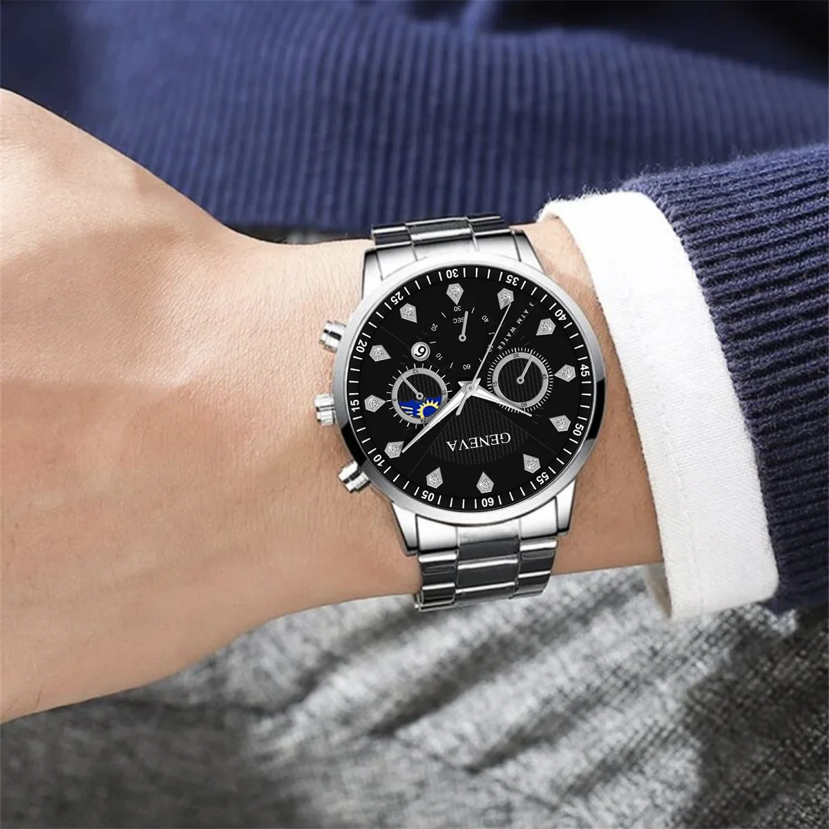 2PCS Set Fashion Men's Business Calendar Watches Men Casual Silver Bracelet Wings Bangle Stainless Steel Quartz Wrist Watch