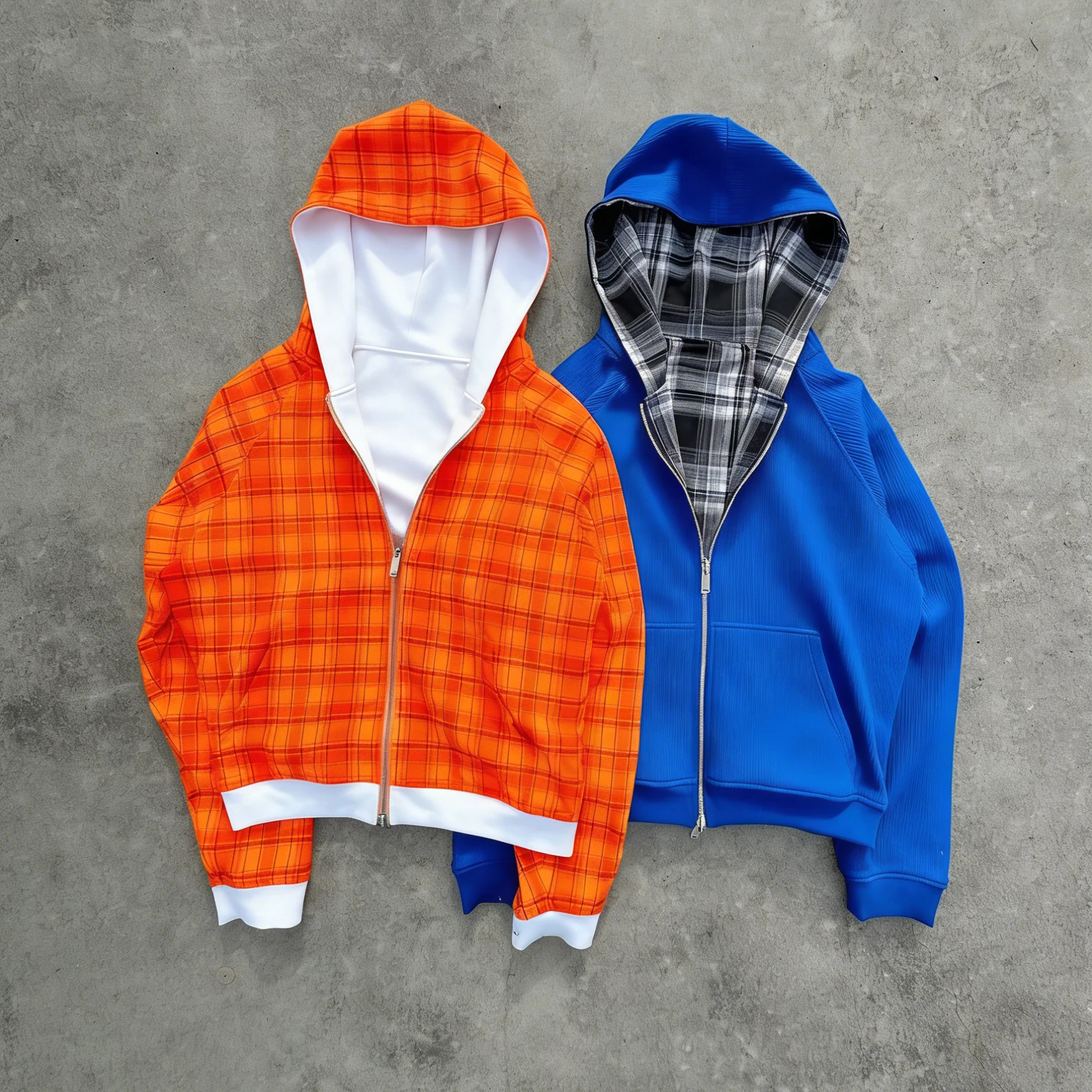SALATI Custom Baggy Flannel Plaid Double Layer Patchwork Reverse Zip up Waffle Knit Thermal Oversized Men's Hoodies & Sweatshirt