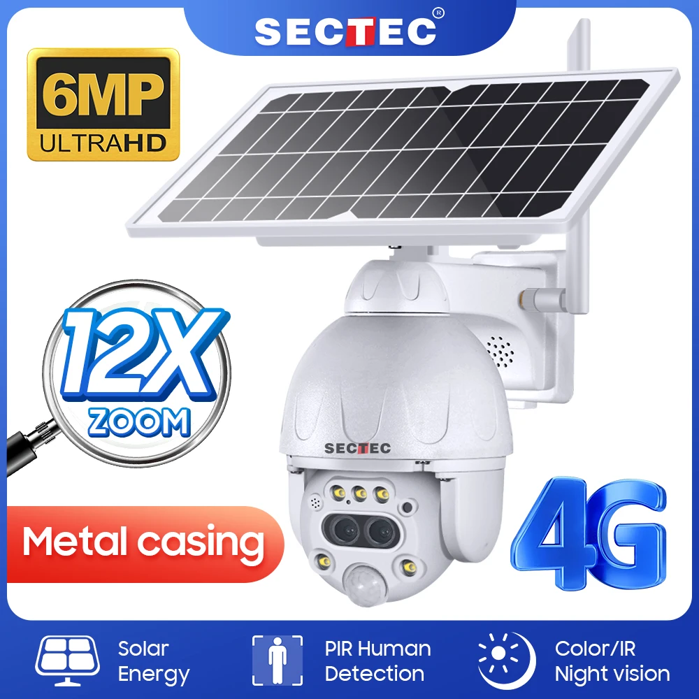 Dual Lens 12X Zoom 6W HD 3K 6MP 4G Solar Security Camera With Sim Card Metal Casing CCTV PTZ Security Outdoor Solar IP Camera