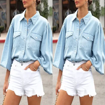 Denim Top Women's 2022 New Cross-border Autumn and Winter Fashion Casual Washed Shirt Coat From Europe America 612