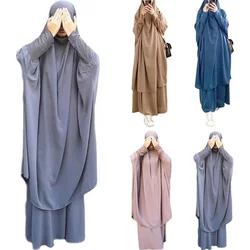 2021 New Modest Wear Solid Color Nida Jilbab Khimar 2 Pieces Abaya Islamic Prayer Clothing