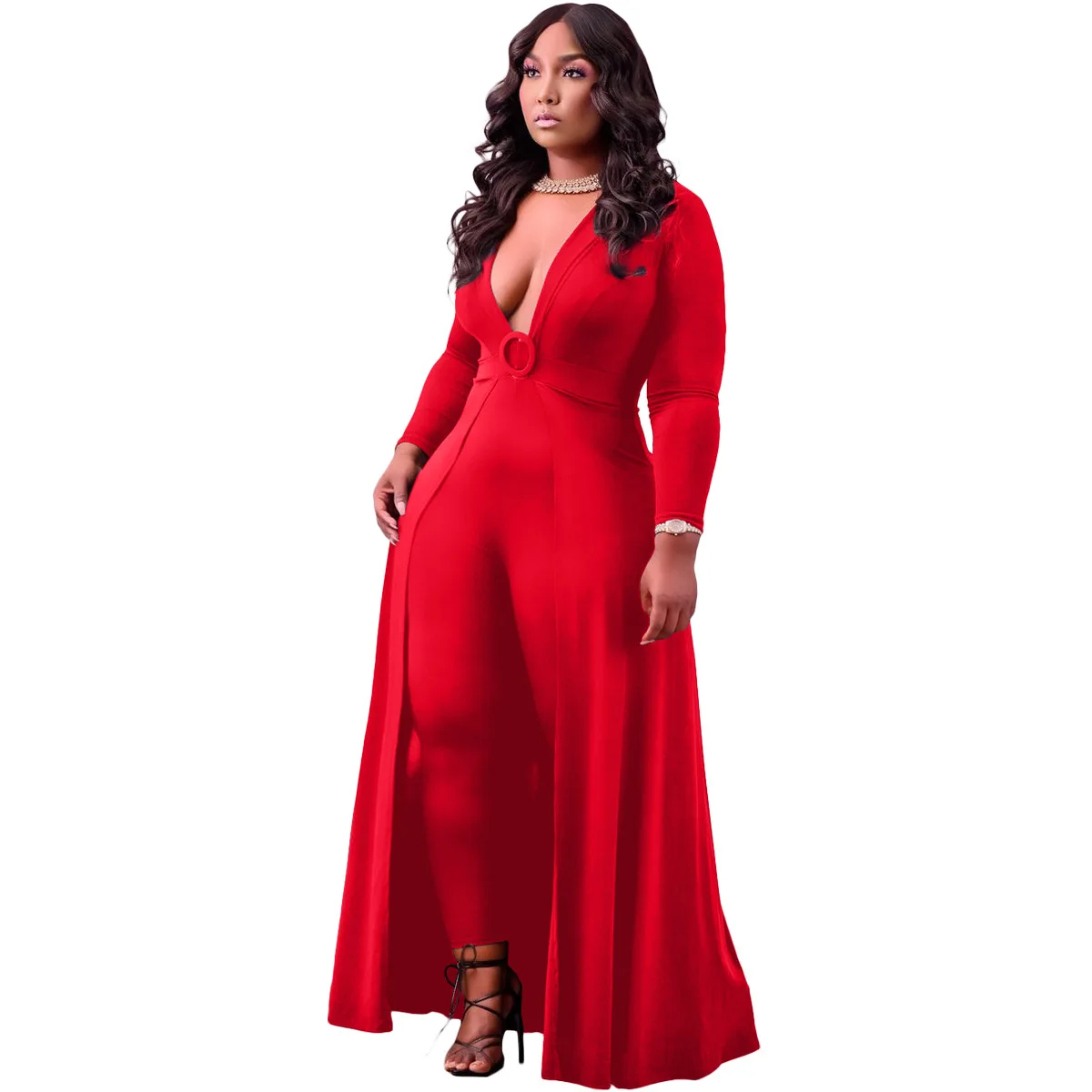 New Fall Jumpsuit Plus Size Womens Clothing Solid Color Long Sleeved V