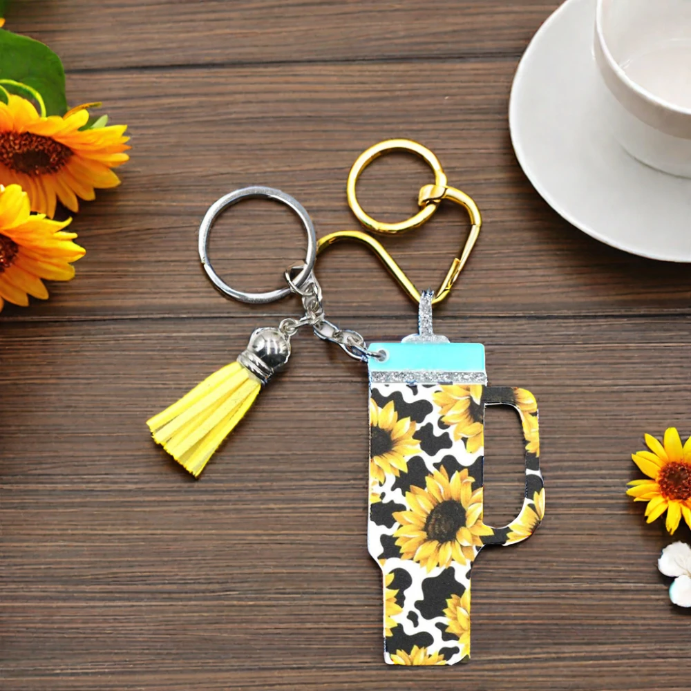 YCXKH1342 Tassel Printing Sunflower Keychain UV Printed Long Chain Keychain for High-End Bags Gift Keychain factory