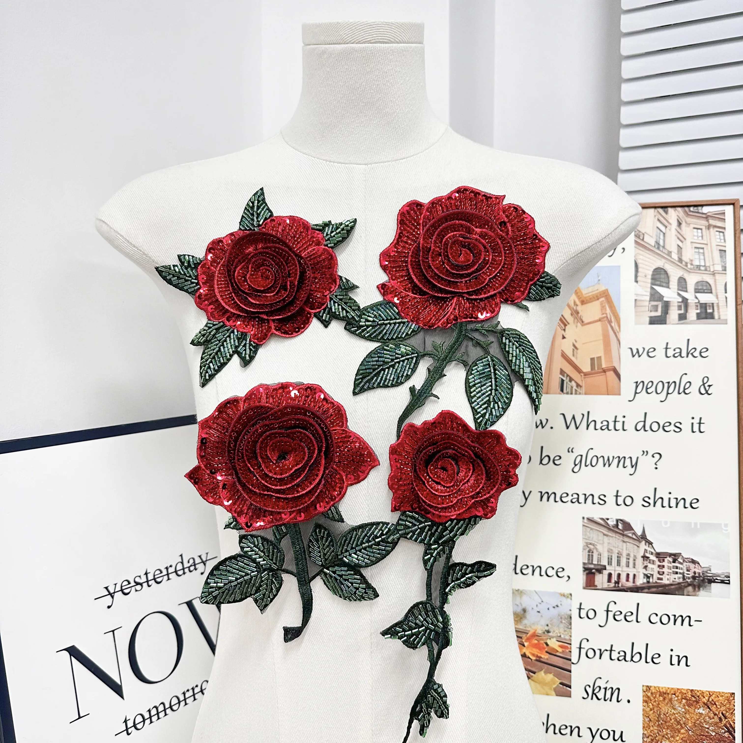 Handmade Bead Sequin Rose Flower Lace Performance Dress Patches