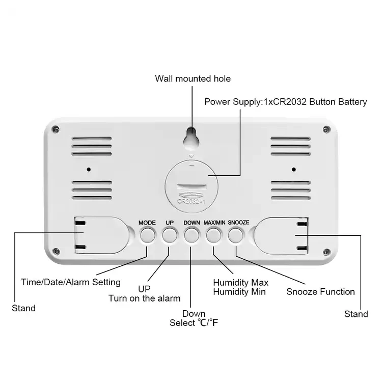 Factory Large Screen OEM Rectangle Black LCD Digital Alarm Clock Desktop Clock Thermometer Hygrometer Clock