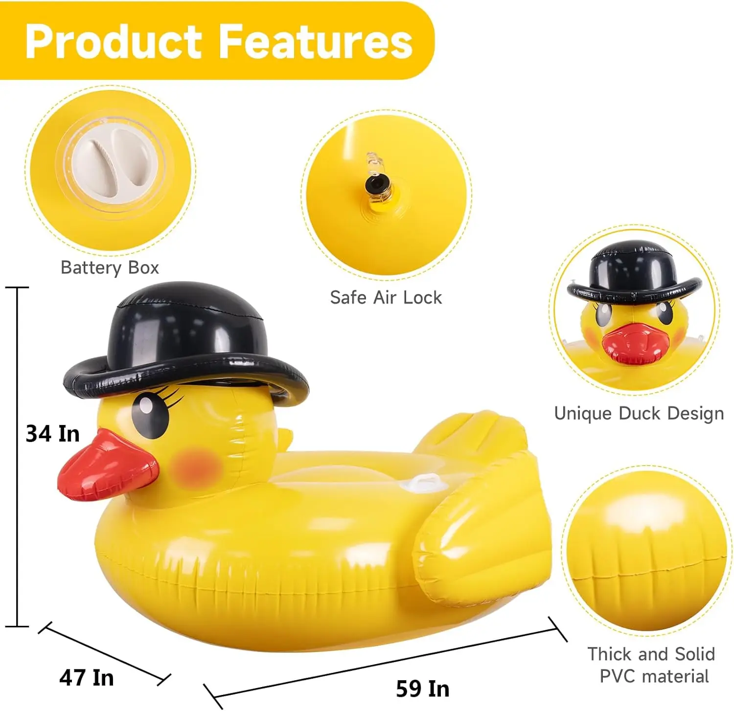 New Design Inflatable Big Yellow Duck Pool Floats with Lights Pool Floaty Rafts for Swimming Pool Tubes