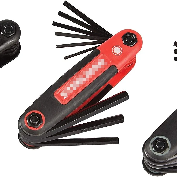 Portable Folding Hex Key Wrench Tool Set 9 Standard Sizes Metric Sizes and 8 Sizes Chamfered Ends Rubberized Grip