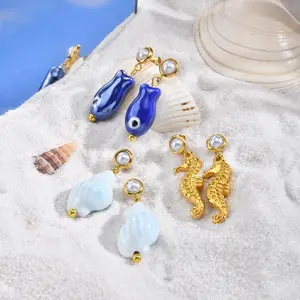Summer Beach Ocean Style Conch Seahorse Fish Drop Earring Waterproof 18k Gold Plated Stainless Steel Women Earring