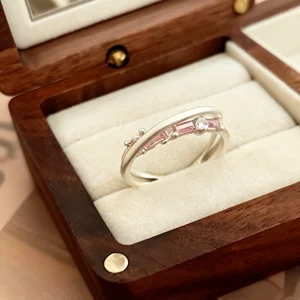 Silver Ring for Women Unique Pink Baguette Zircon Round Stone Design Artistic Fashion Jewelry for Daily Wear Gift
