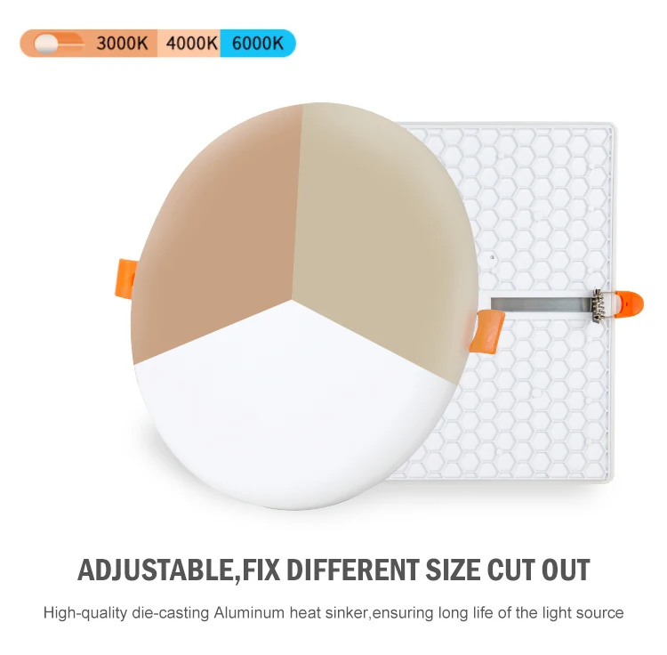 Die-casting aluminum back light panel light adjustable spring buckle cut size round & square shape frameless led panel light