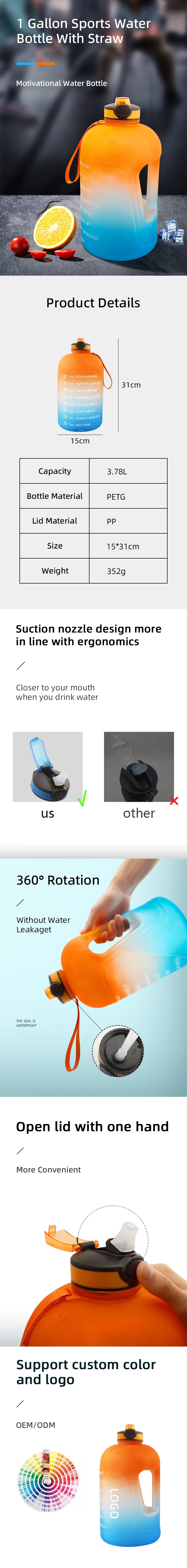 Water Bottle with Straw & Time Marker 1 Gallon BPA Free Sport Drinking Bottle Leak Proof Daily Water Intake Bottle Click Pop Up