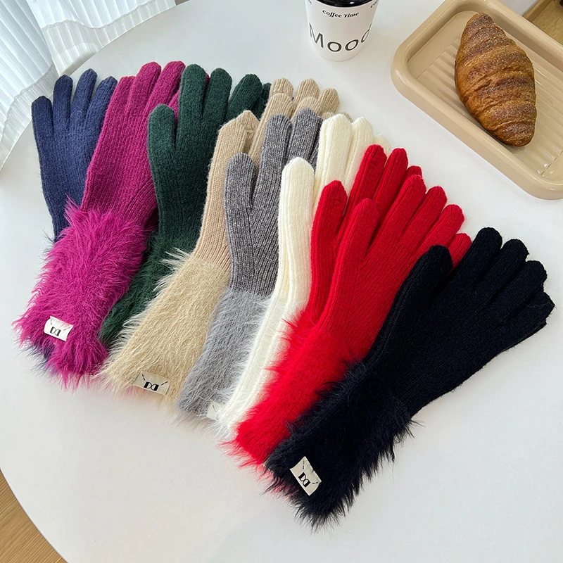 Зимние женские трикотажные перчатки из мягкого флиса