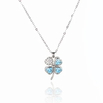 Hot Selling Female Pendant Four-leaf Clover Blue Zircon Chain S925 Sterling Silver Necklace Pink Zircon Pendant Necklace