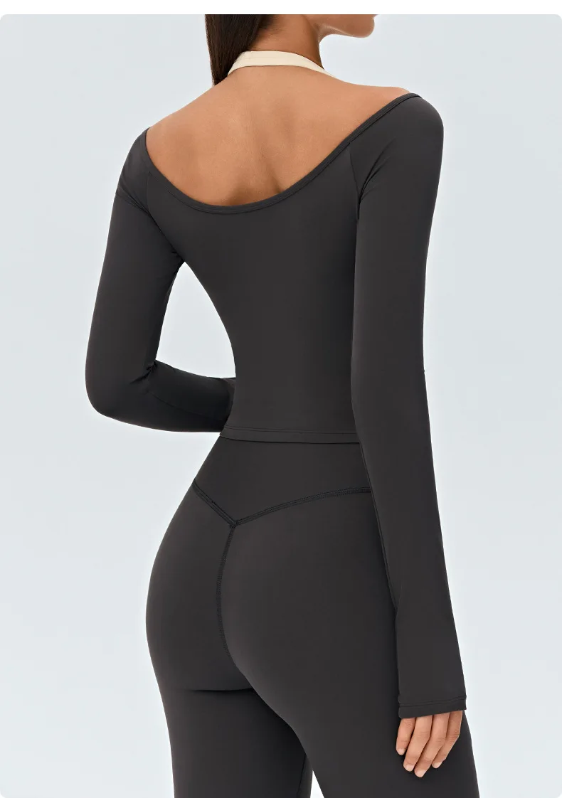 Women's Long Sleeve Yoga Cross Pleated V Neck Crop Shirt Four Way Stretch Quick Dry Pilates Workout Wear — detail