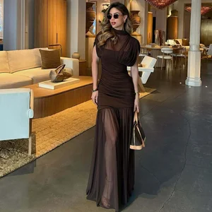 Elegant Winter 2026 0 Neck Ruched Mesh Draped Midi Dress for Evening Parties and Formal Events