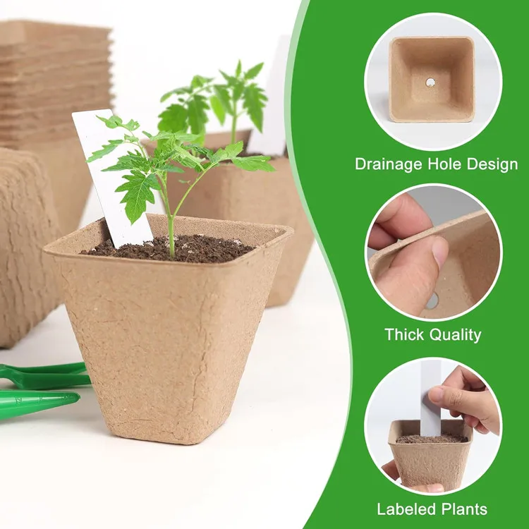 Biodegradable Nursery Pots With Humidity Dome Square Seeding Starter Peat Pots for Seedlings Garden Vegetable Flower Germination