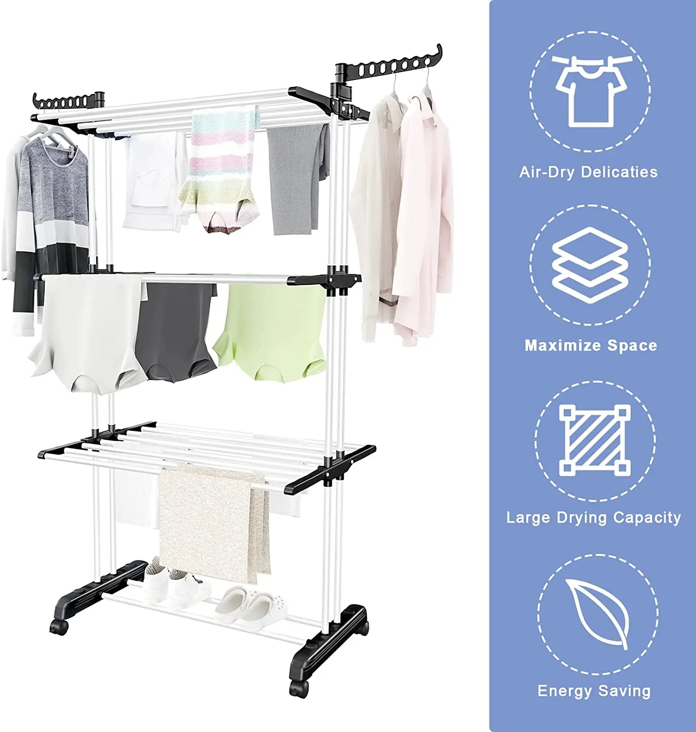 Cloth Drying Rack,3 Tier Rolling Dryer Clothes Hanger,Collapsible Garment  Laundry Rack with Foldable Wings and Casters