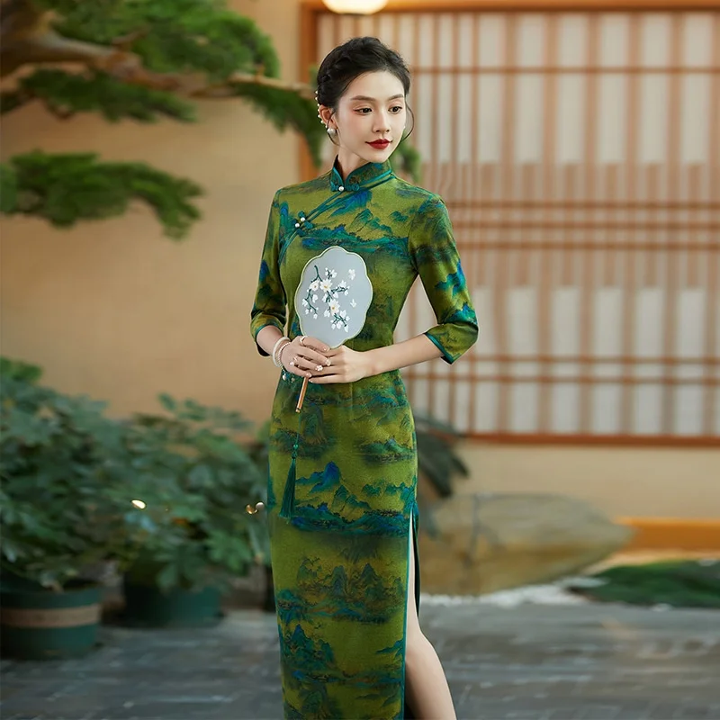 2024 High Quality Qipao Long Sleeve Cheongsam High Quality Women Cheongsam  Dress