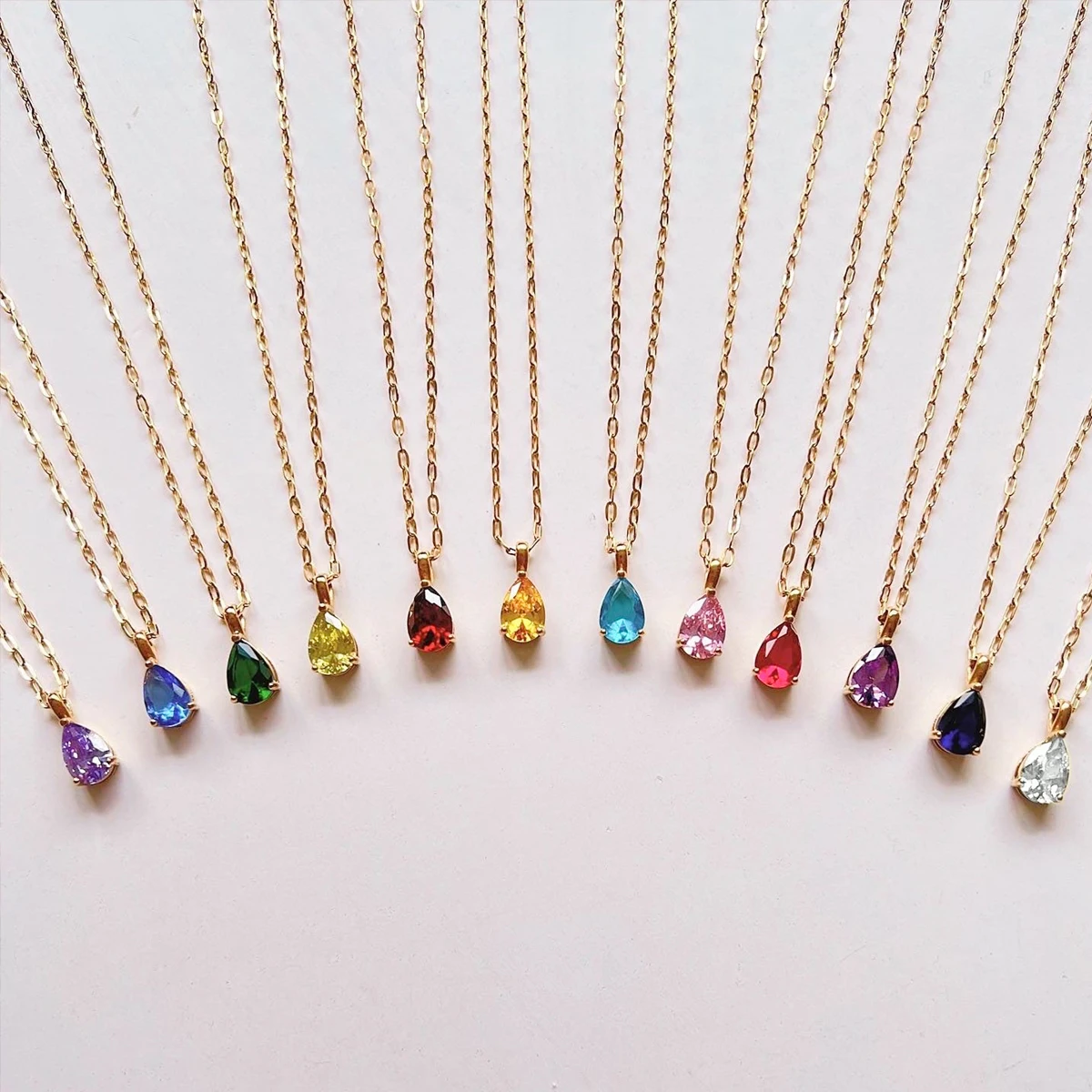 Charm 18K Gold Stainless Steel Jewelry Birth Month Necklace Cubic Zirconia Diamond Birthstone Teardrop Pendant Necklace