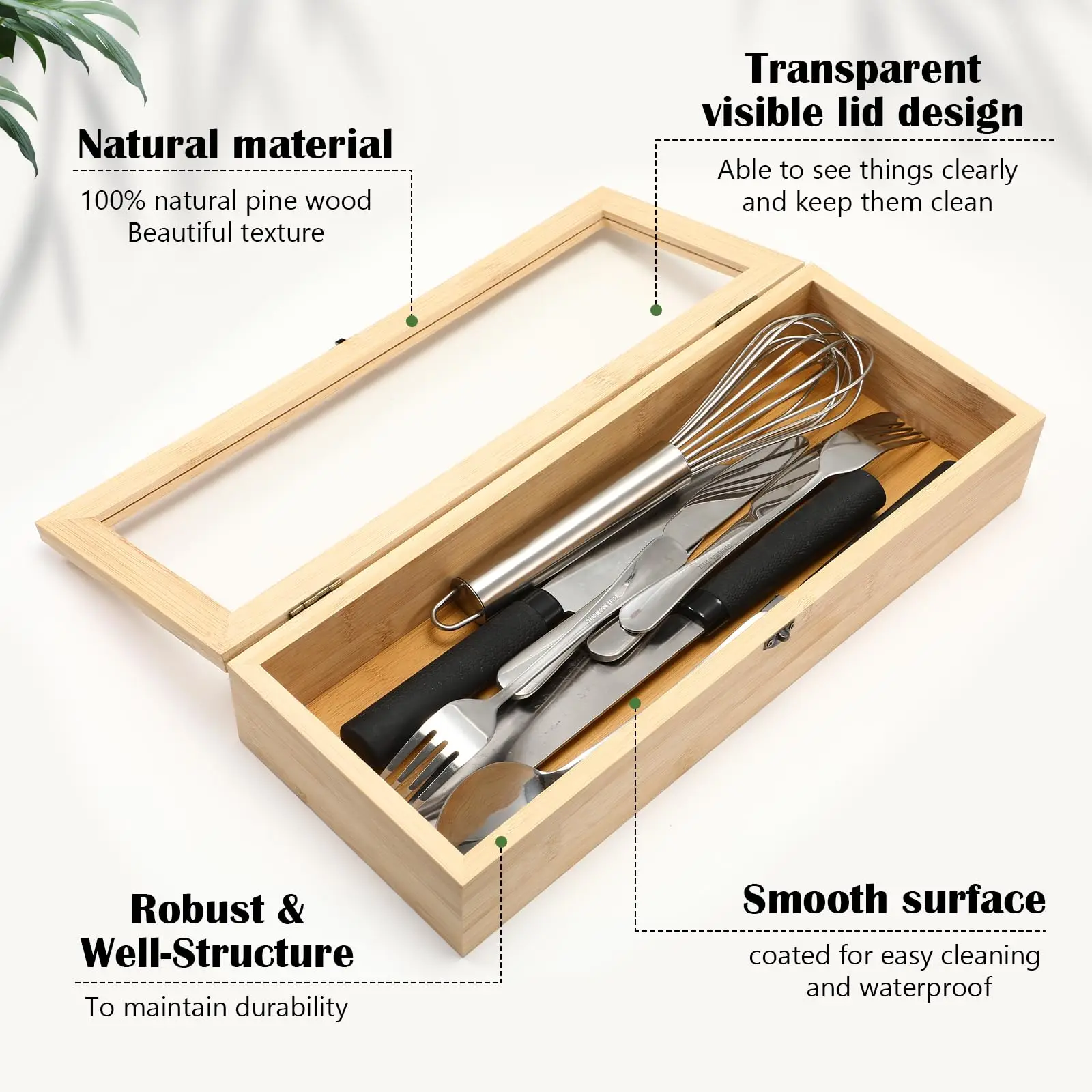 product bamboo kitchen utensil storage box with clear lid silverware flatware organizer for cutlery-8