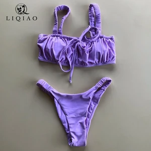 Lavender Ruched Floral Bikini 2-Piece Plus Size Breathable Stretch Swimwear Set