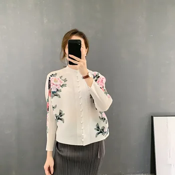 FXZ miyake pleated blouse 2022 new design breathable printed long sleeve pleats please women t shirt