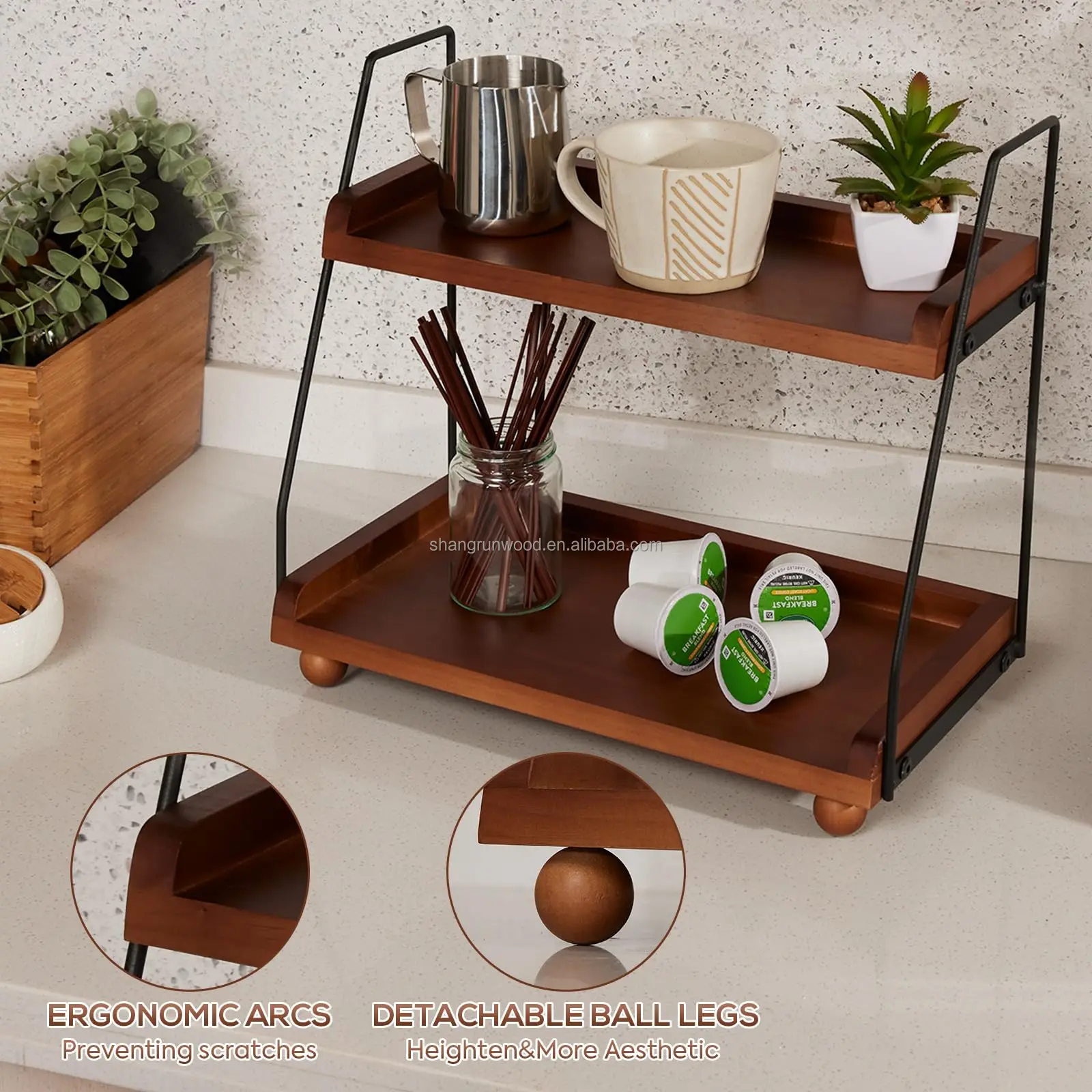 2 Tier Coffee Bar Accessories and Organizer Shelf Wooden Coffee Station ...