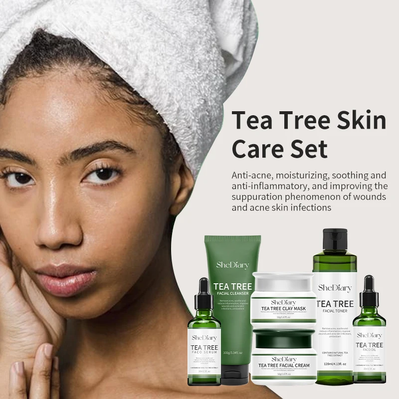 Custom SheDiary Tea Tree Skin Care Set Brightening and Moisturizing Face Cleanser Clay Mask Oil Toner Facial Serum Face Cream