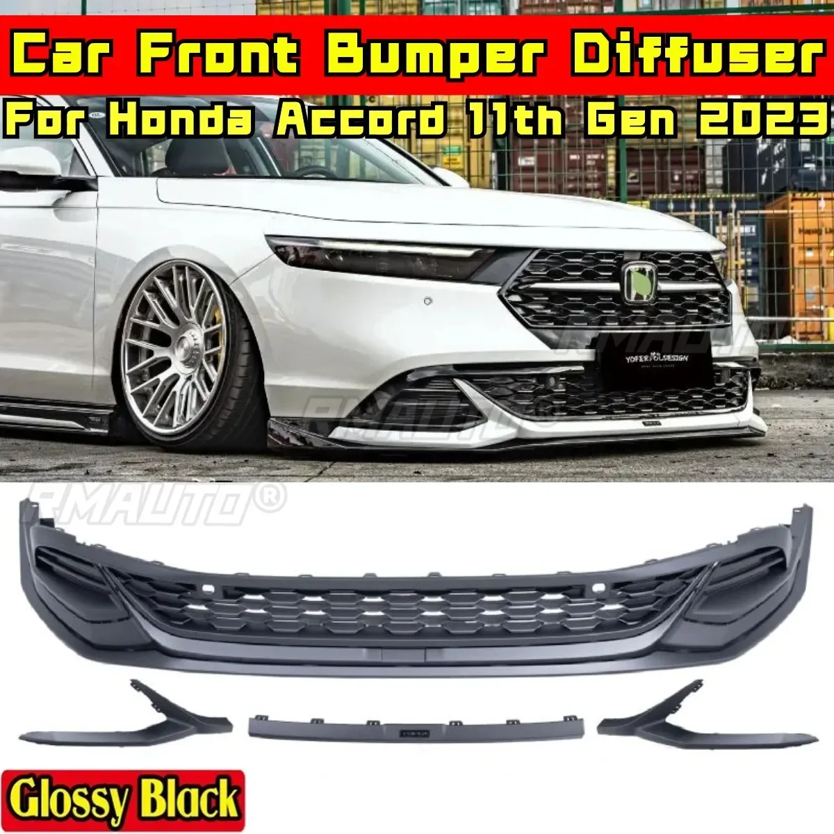 Gloss Black Front Bumper Lip With Red Trim – Fits 2018-2023 Honda Accord Sedan (3-Piece Kit)
