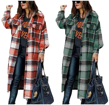 TY 2022 Women's Long Jacket Plaid Coat Trendy Print Oversized Shirts Flannel Tops with Pockets Ladies Coat