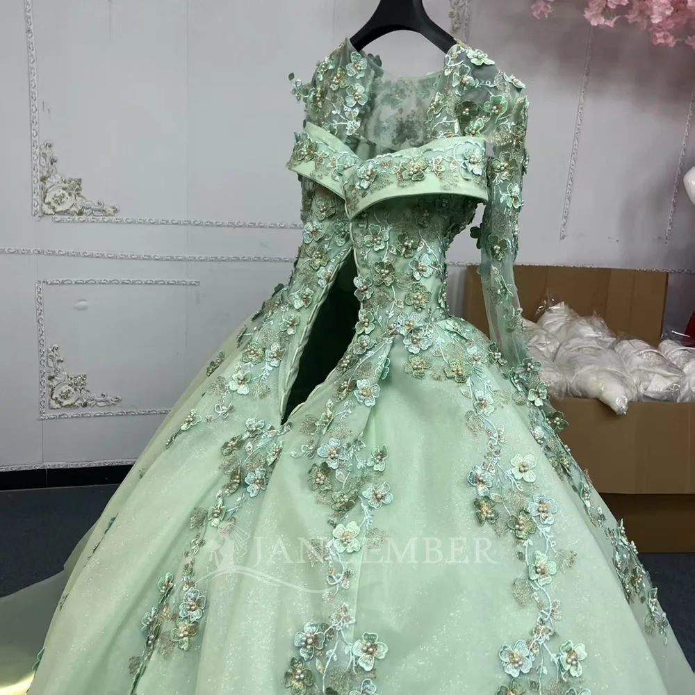 Luxury Sage Green Quinceanera Dresses Shiny Flowers Lace Birthday Party  Prom Ball Gown Vestidos De 15 Anos Corset Lsany23-1