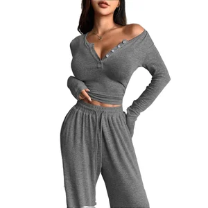 Women Solid Casual Two Piece Pajama Set Sexy V-neck Long Sleeve Top Loose High Waist Wide Leg Pants Sleepwear Spandex/Polyester