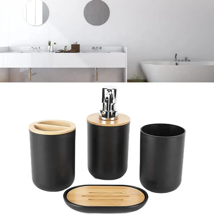4Pcs Bathroom Accessory Set Bamboo Waterproof Gift Set Plastic Toothbrush Cup Lotion Dispenser Soap Box Tooth Mug Modern Style