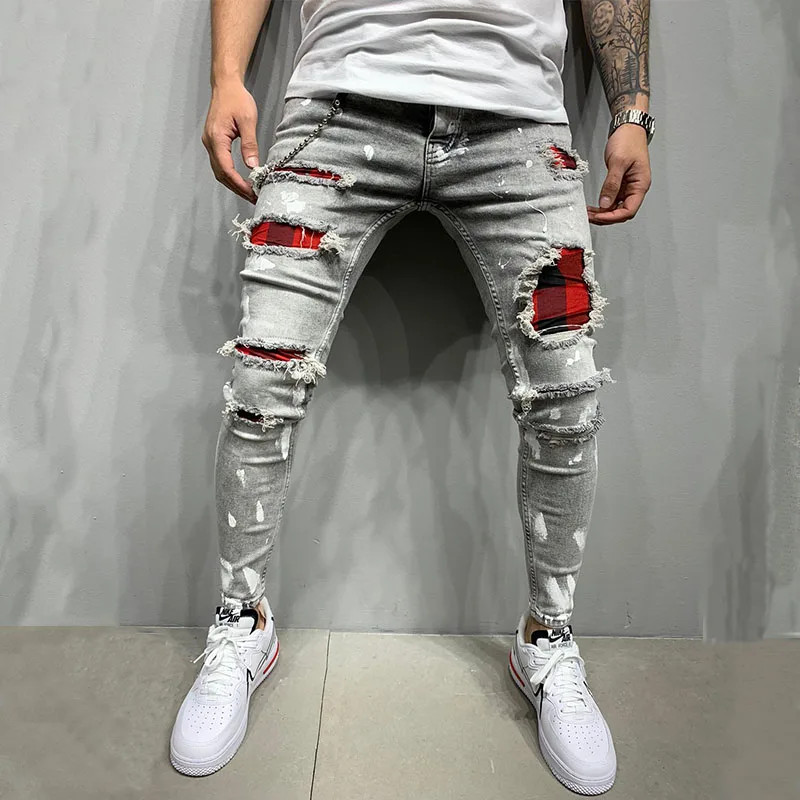 New Jeans Men's Heavy Craft Hot Diamond Printing Fashion Brand Handsome  Casual Slim Man Pants Streetwear Motorcycle Denim Pants