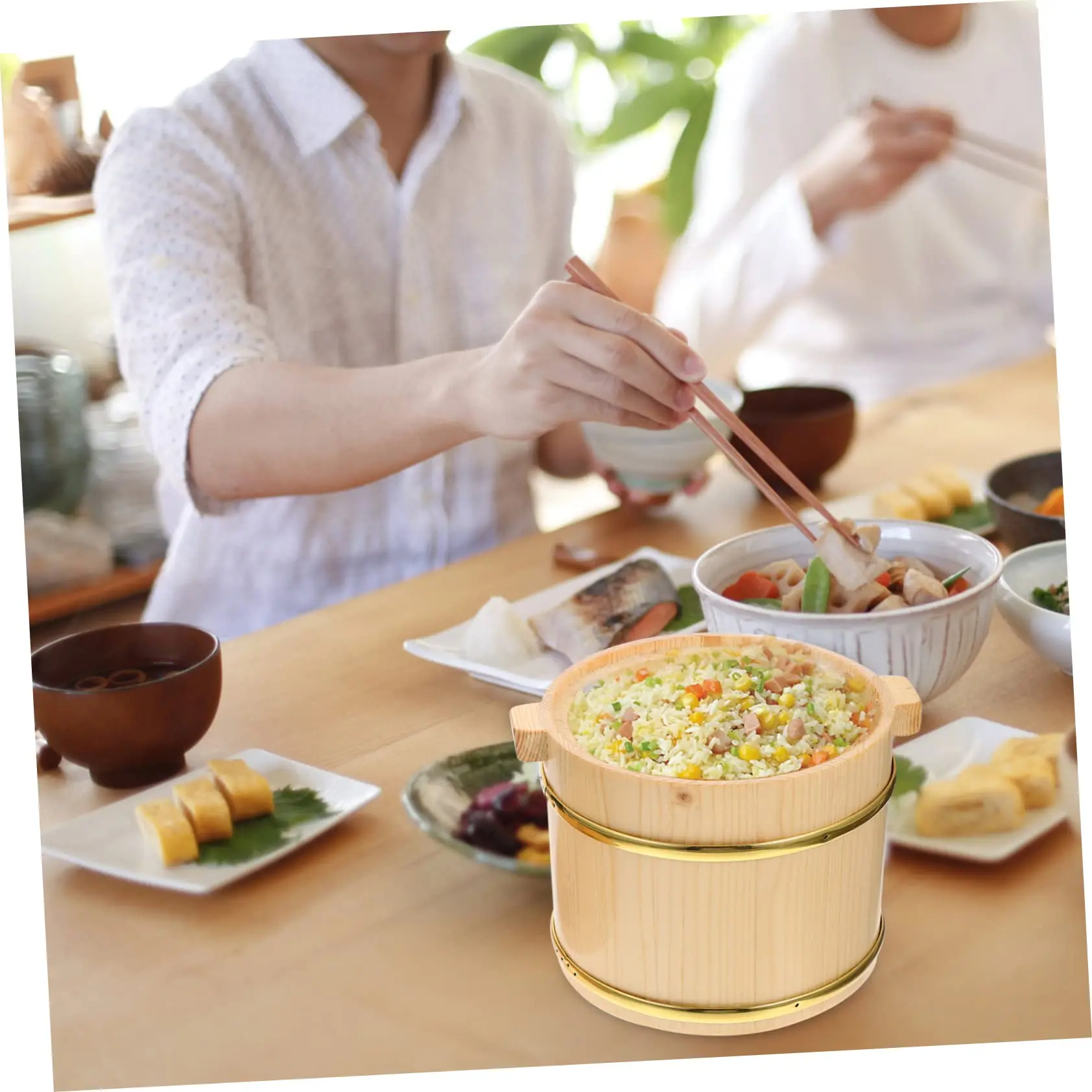 Wooden Rice Bucket Bamboo Handmade Rice Bucket Wood Food Container Tub Rice Serving Sushi Wooden Bowls Chinese Food Tub