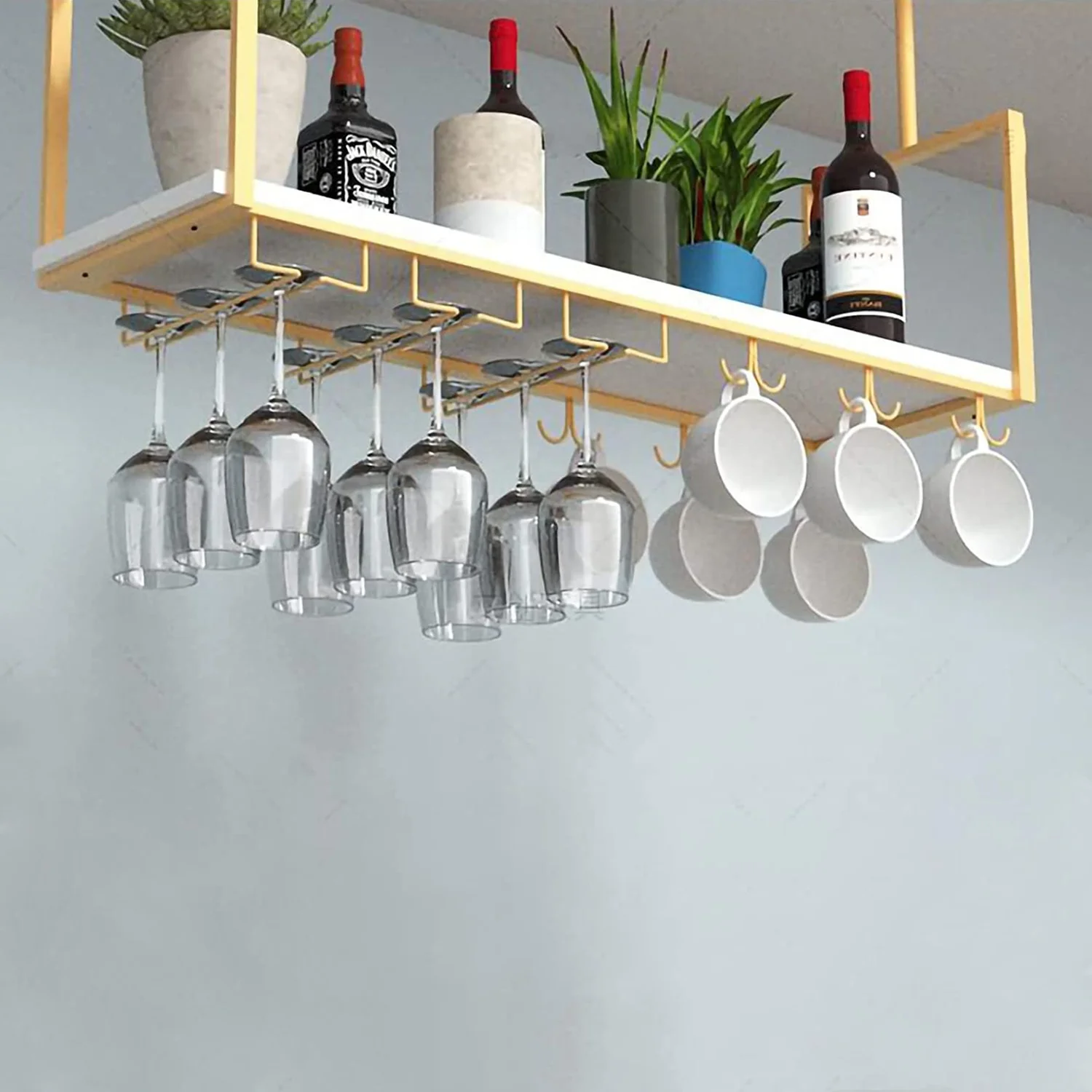 Zwart Plafond Wijnrek met Glashouder - Hangend Wijnrek 110×25×22 cm