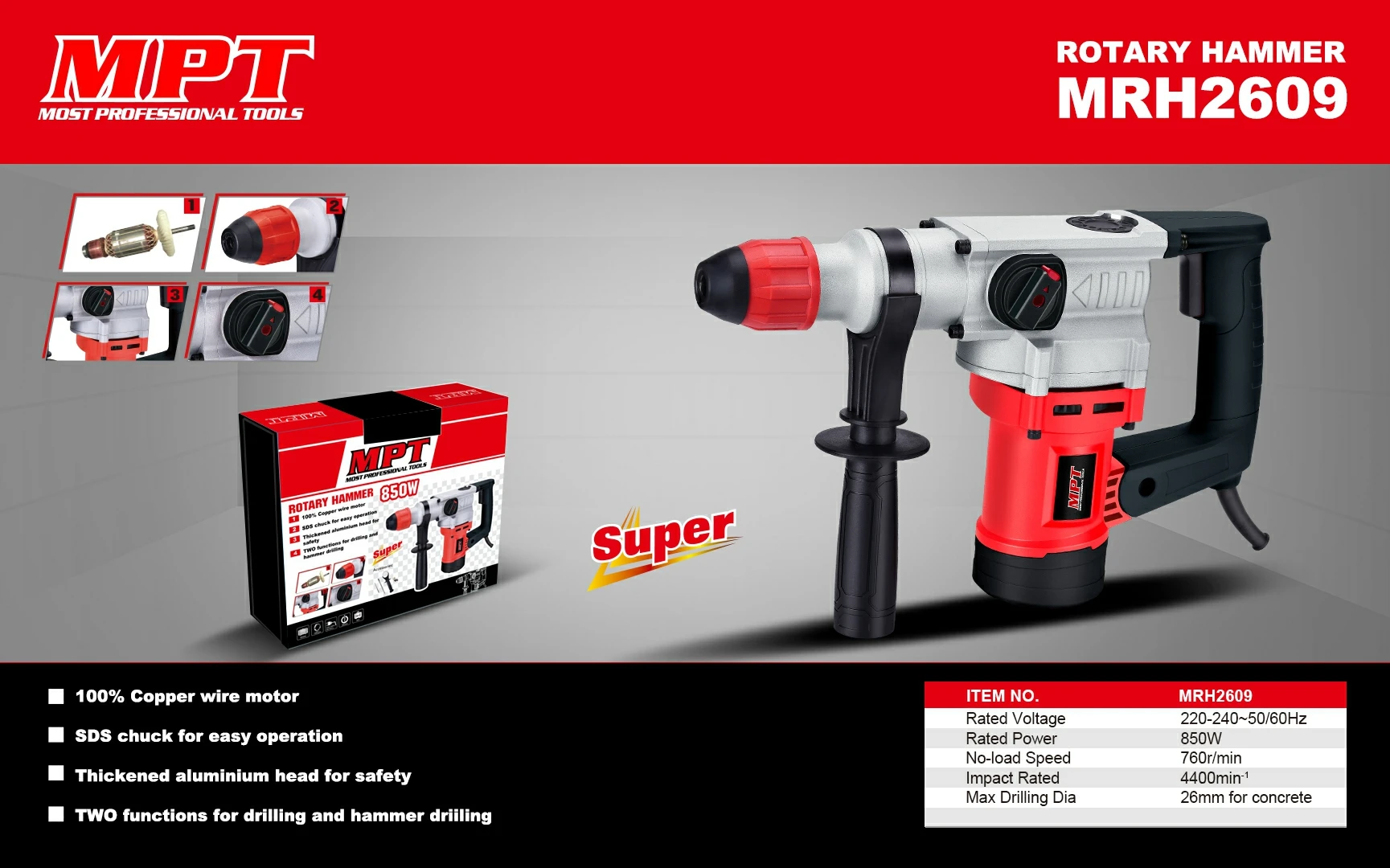 MPT Rotary Hammer Drill High Power for Stone Concrete