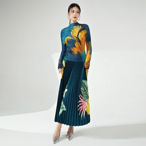 Miyake Women's Two-Piece Set Fashionable and Elegant Stretch Printed Top and Skirt Plus Size Clothing With MOQ of 2 Pieces